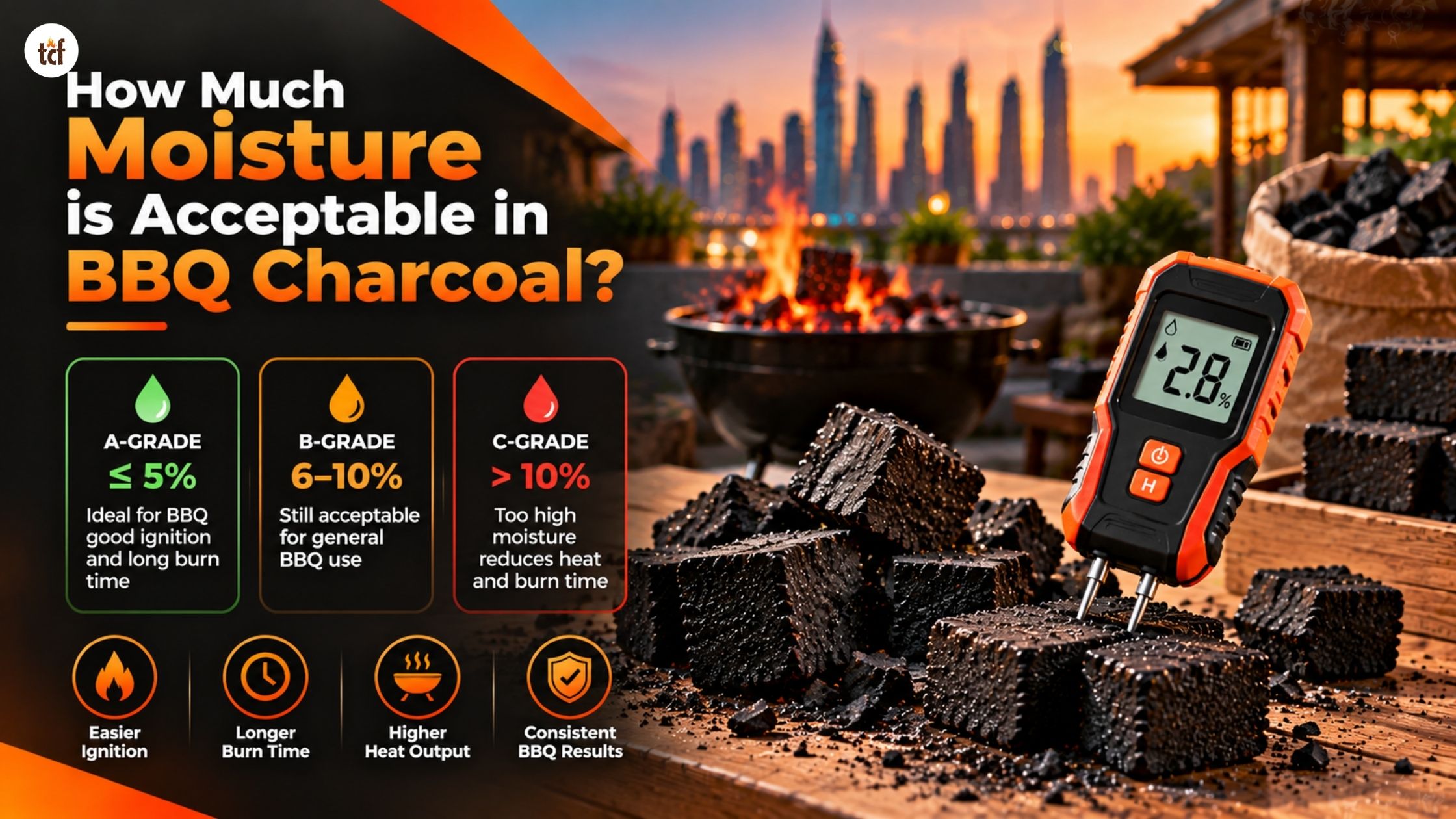 How much moisture is acceptable in BBQ charcoal